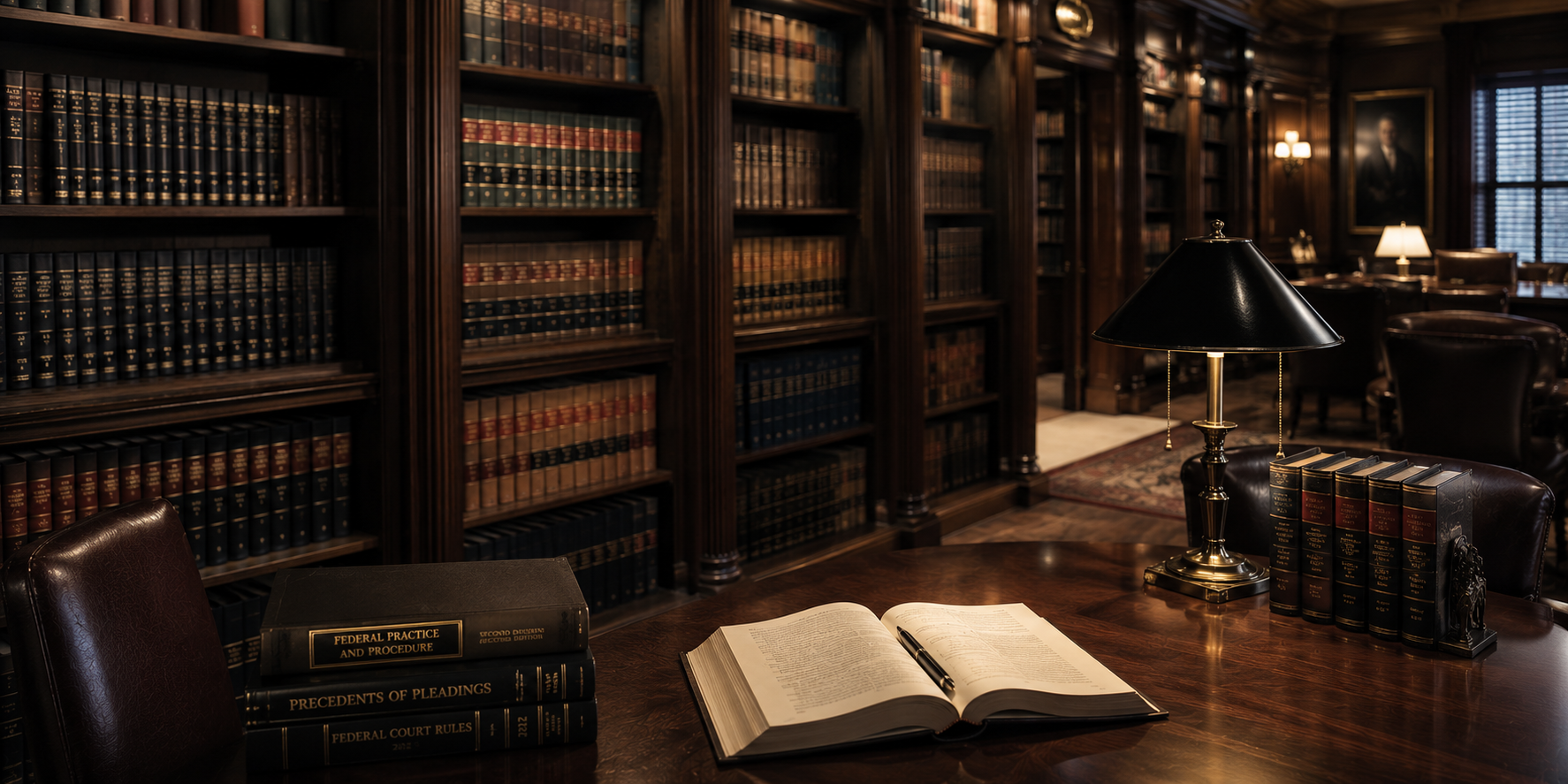 Wood-paneled law library with leather-bound legal volumes, an open book on a walnut desk under brass lamplight