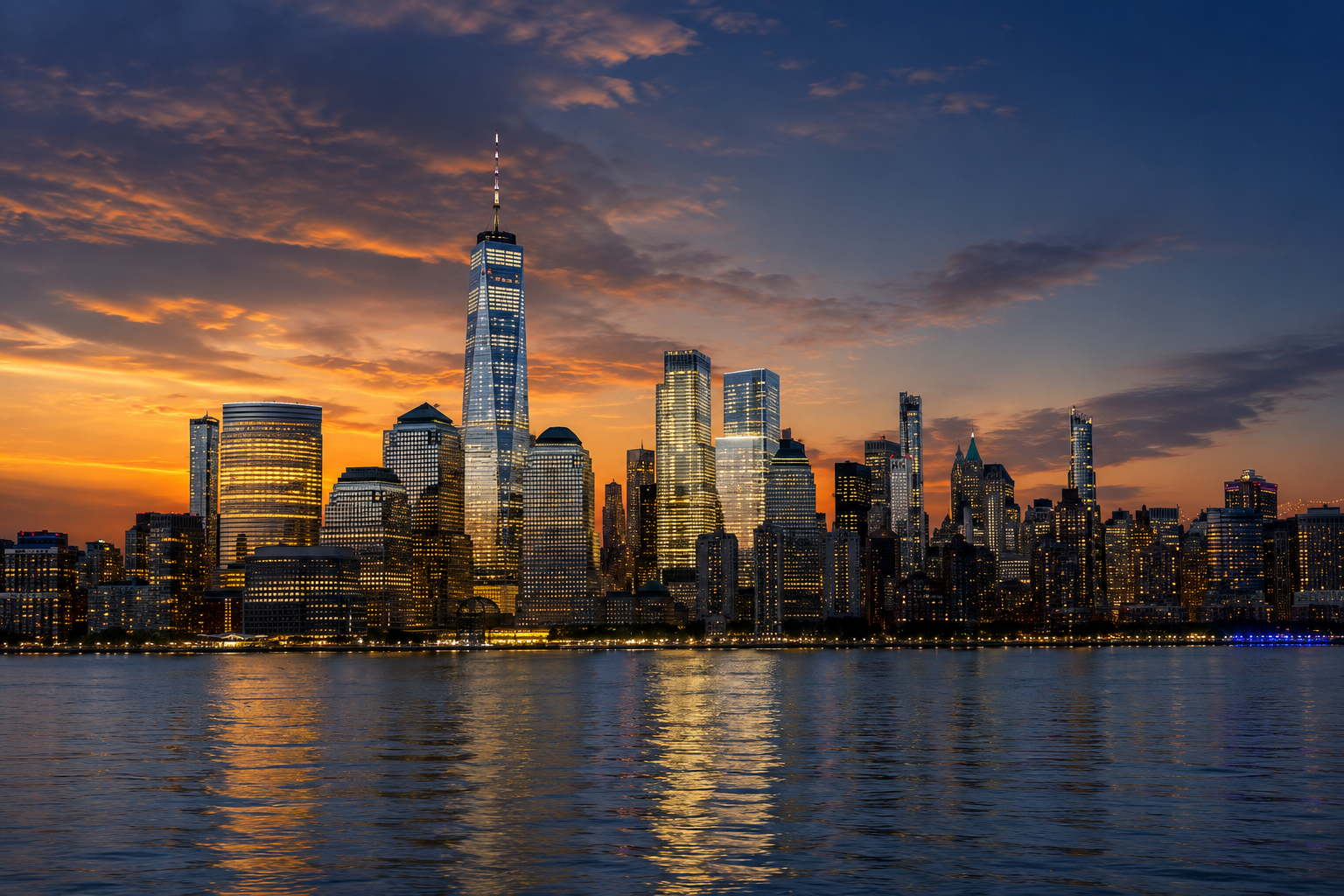 The Lower Manhattan skyline at sunset across the Hudson River, One World Trade Center rising above the Financial District