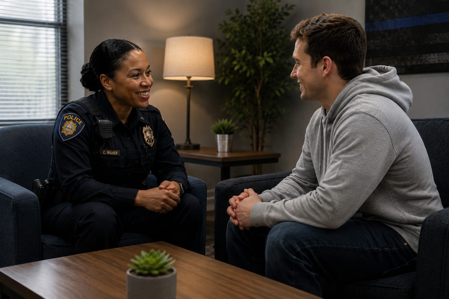 A police officer conducting a calm, rapport-led interview with a male subject across a table