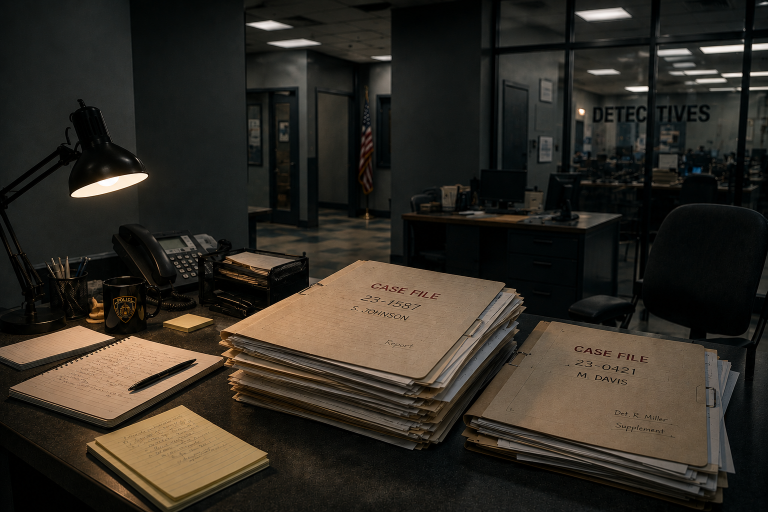 A detective bureau at night with two stacked case-file folders on a desk under a work lamp, a notebook of handwritten notes, and the glass-walled detectives' office beyond