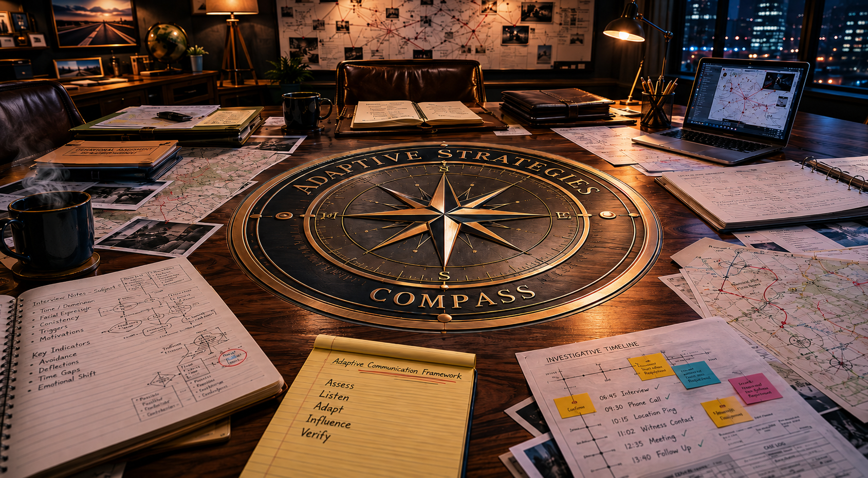 Brass Adaptive Strategies Compass on a walnut desk surrounded by maps, notebooks, and investigative materials under warm directional light