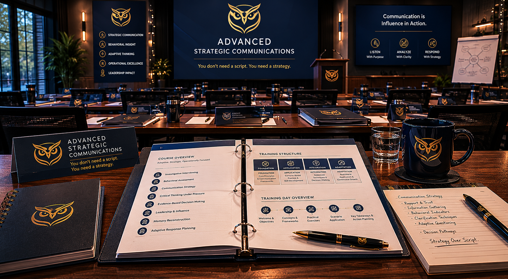 ASC host-agency training room staged for a session: branded backdrop reading You don't need a script. You need a strategy., open course workbook with day structure on the table, ASC owl mug, and additional course materials