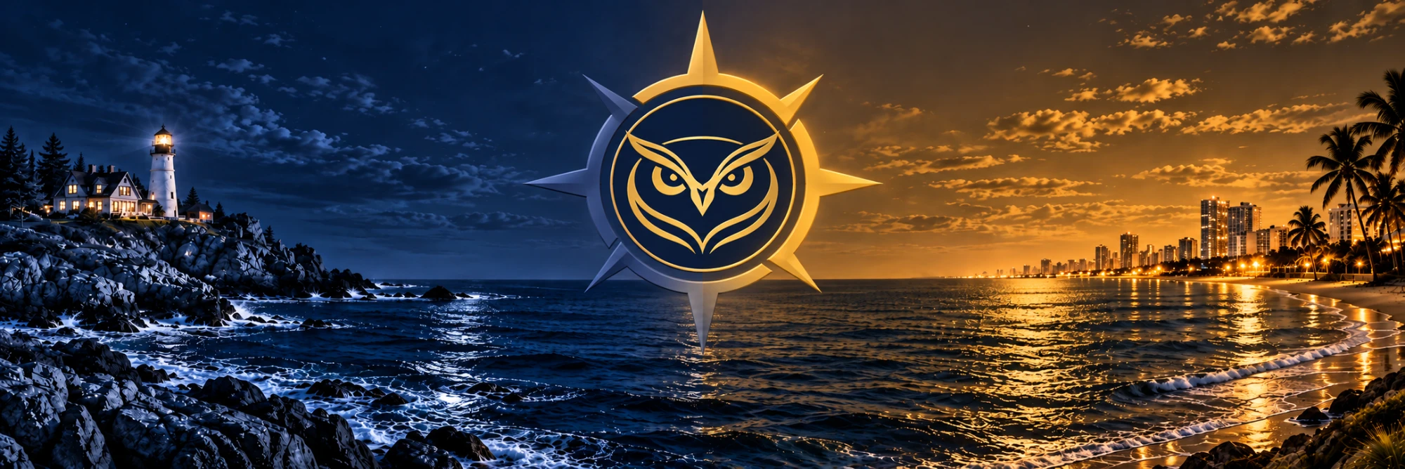 ASC owl compass centered over an East Coast shoreline at dusk: a New England lighthouse and rocky, pine-lined coast on the left and a Florida beach, palm trees, and a lit city skyline on the right