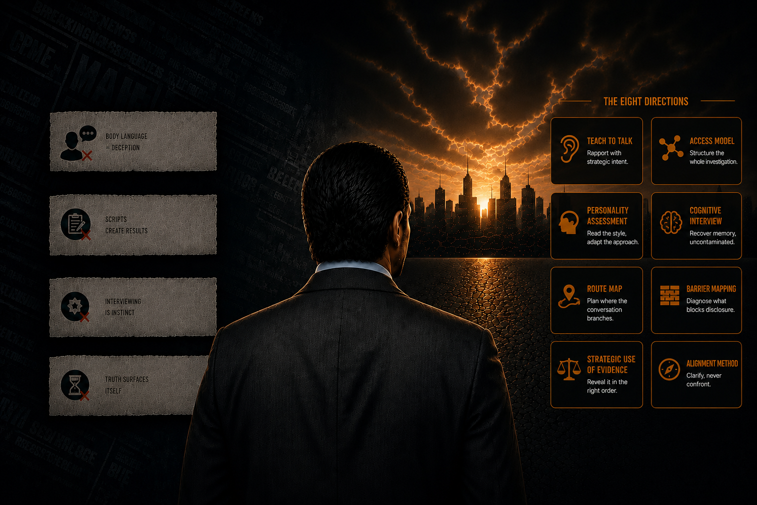 Myths vs. Realities of investigative interviewing: four debunked myth cards on the left, and the Adaptive Strategies Compass eight directions panel on the right, framed around a centered figure facing a city skyline at dusk