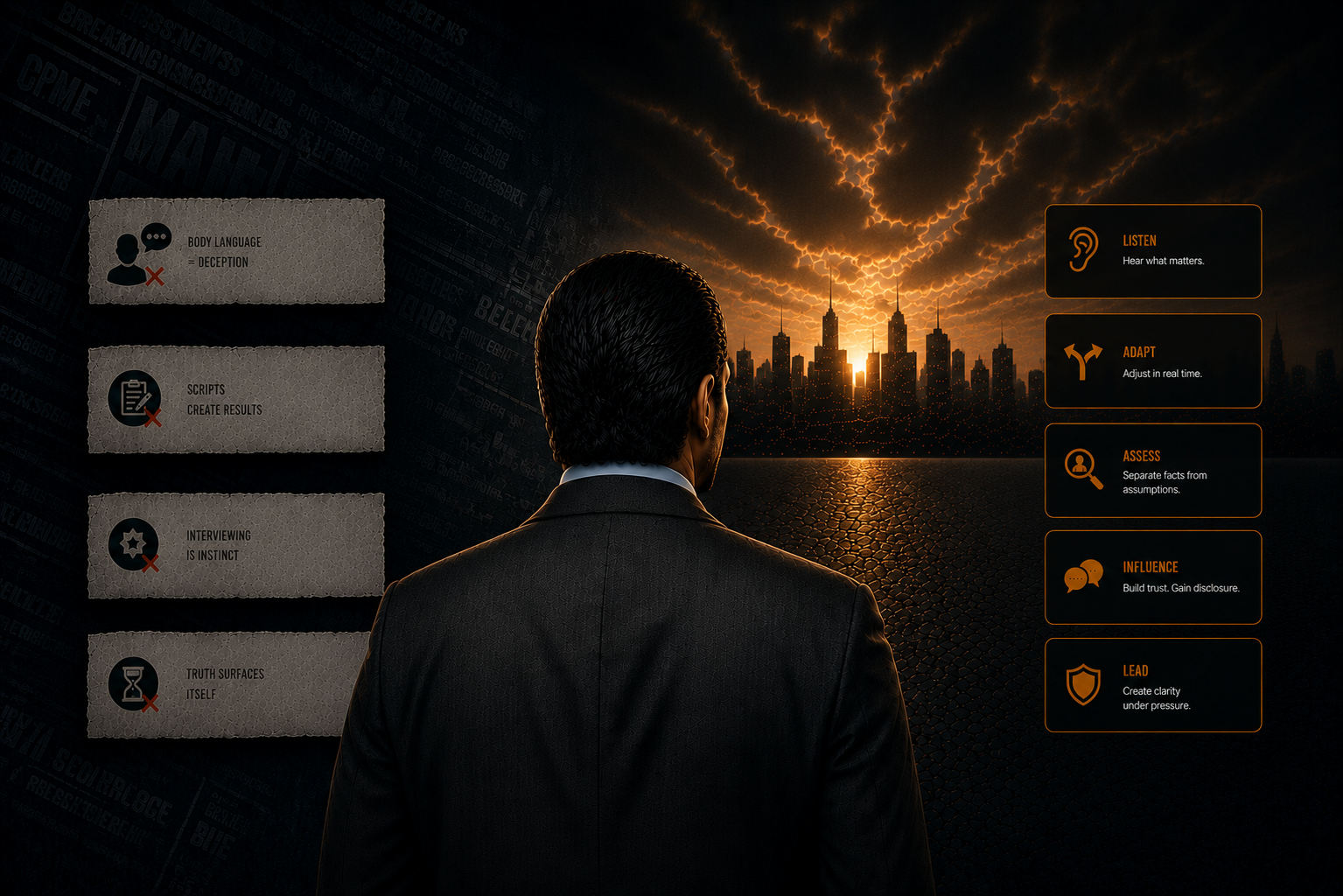 Myths vs. Realities of investigative interviewing, four myth cards on the left, five strategic directions on the right, framed around a centered figure
