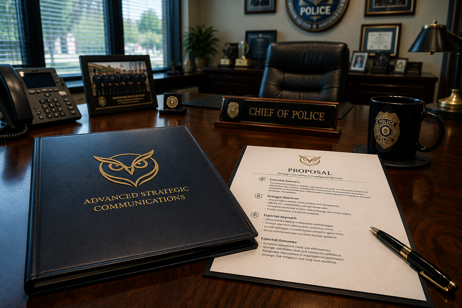 Chief of Police's desk staged for an ASC procurement review: gold-foil ASC proposal binder with the owl mark, opened proposal pages with line-item executive summary, fountain pen, ASC owl mug, framed badge plaque, and the Chief of Police nameplate in the background
