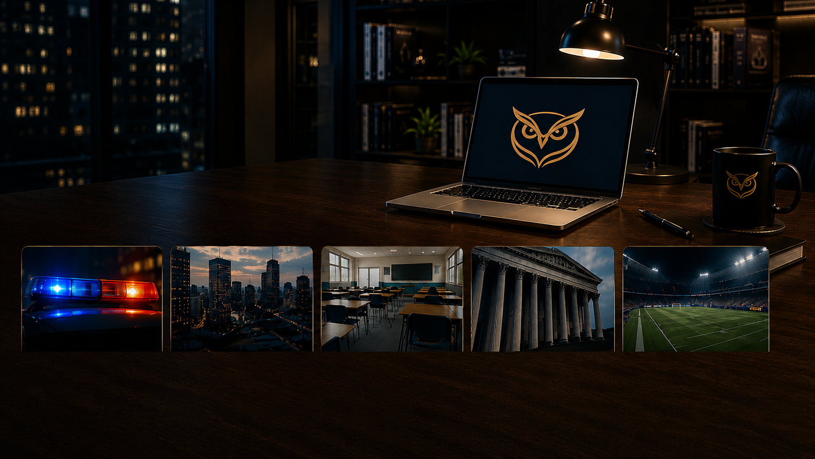ASC Resource Library hero panel: laptop with ASC owl mark on a working desk, branded ASC mug, and five sector panels representing Law Enforcement, HR, Education, Attorneys, and Sports across the bottom