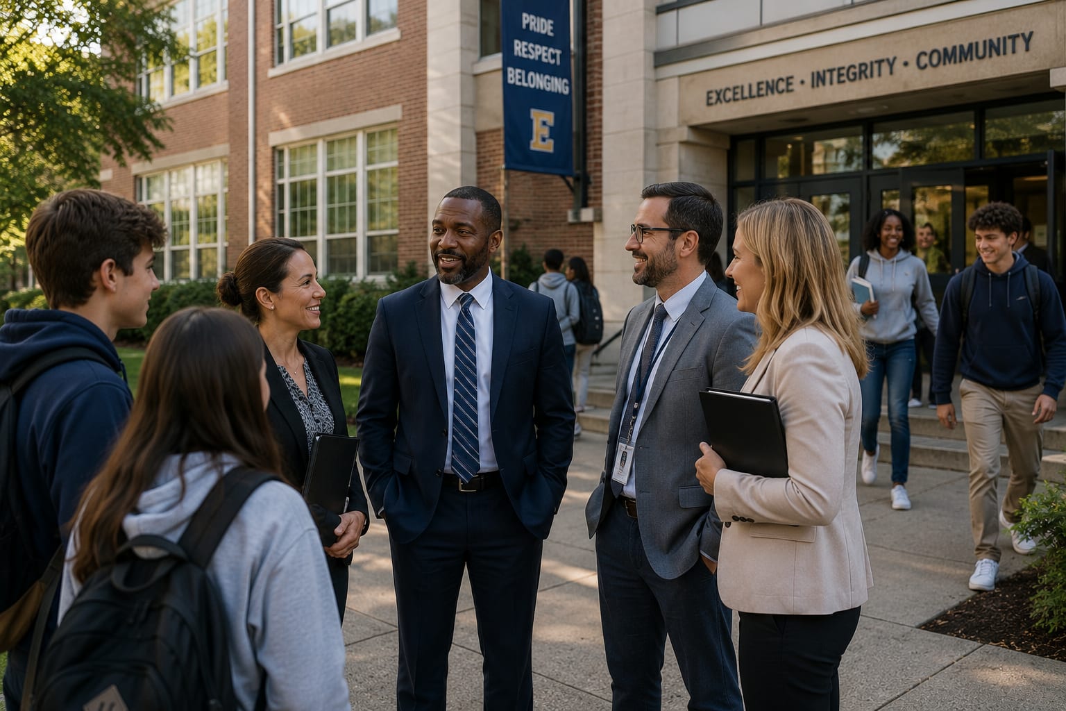 School administrators and Title IX investigators conferring with students outside a campus building