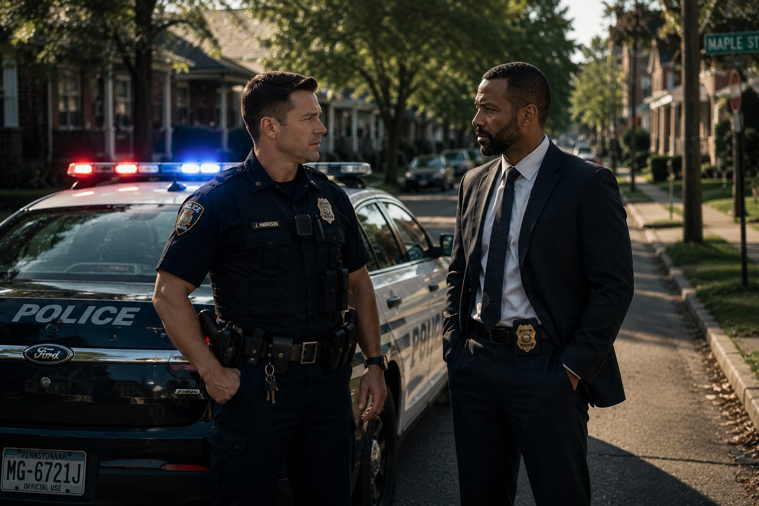 Uniformed police officer and plain-clothes detective conferring on a suburban street next to a patrol car
