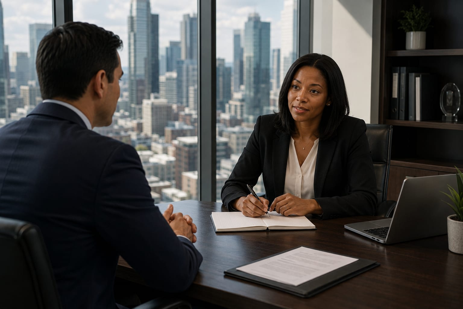 HR investigator interviewing an employee across a desk in a high-rise office with city skyline view