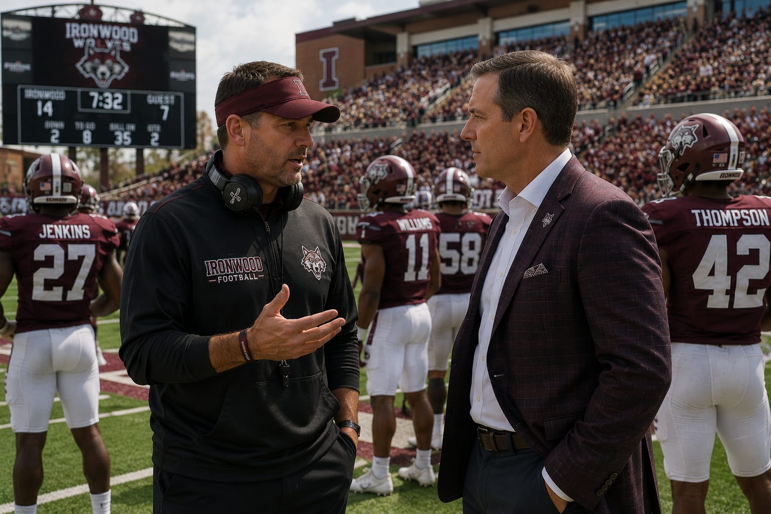 Football head coach and front-office executive talking on the sideline during a game