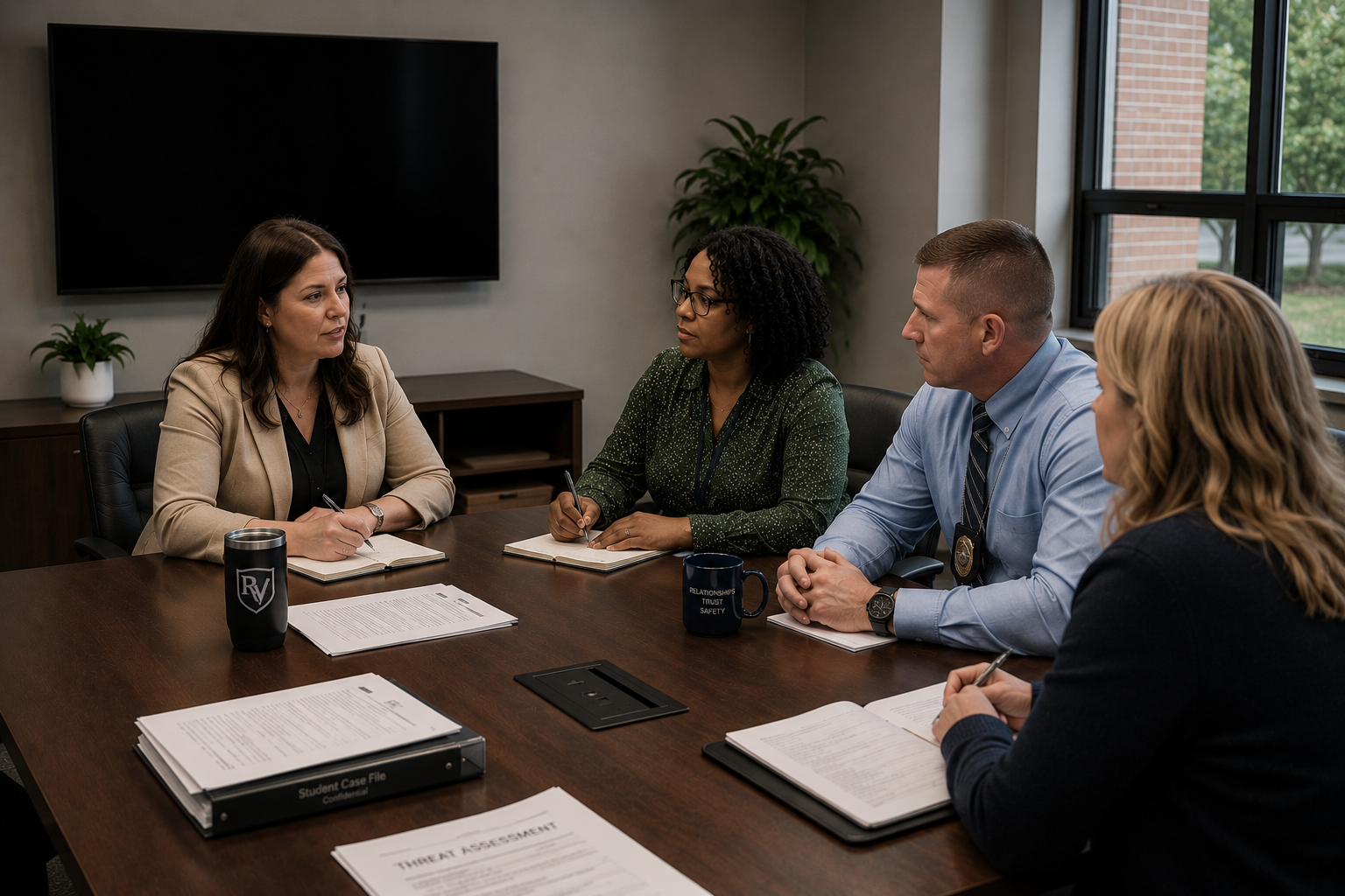 A multidisciplinary school behavioral threat assessment team, including an educator, counselor, school resource officer, and administrator, reviewing a student case file around a conference table